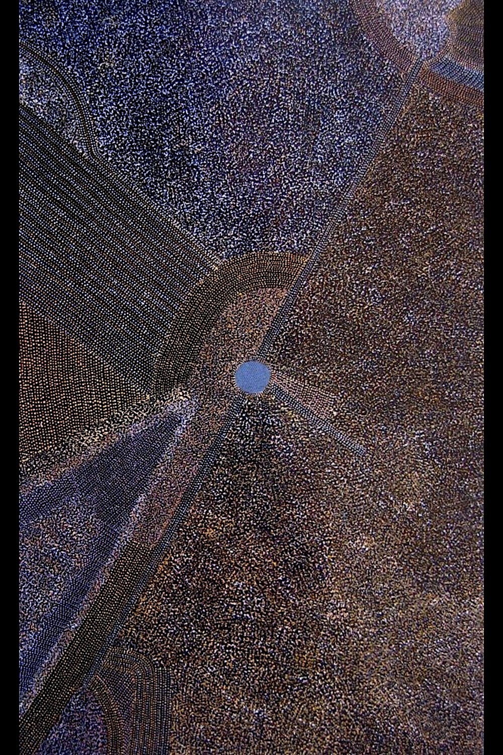 Abie Loy Kemarre’s Bush Hen Dreaming, 1998, with fine dotting, curving pathways and a central circular form in blue and earthy tones.