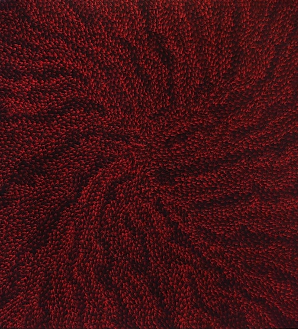 Abie Loy Kemarre’s Bush Leaf Dreaming, 2009, with thousands of red leaf-like marks flowing across a dark ground.