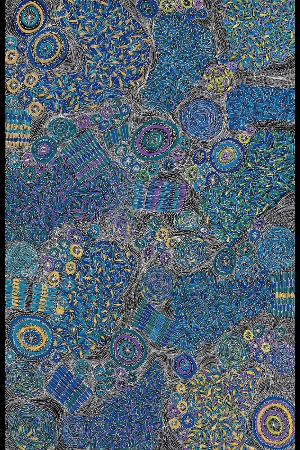 Abie Loy Kemarre’s Bush Seed, with dense blue, turquoise and purple fields of seed-like marks, concentric circles and fine dotted pathways.