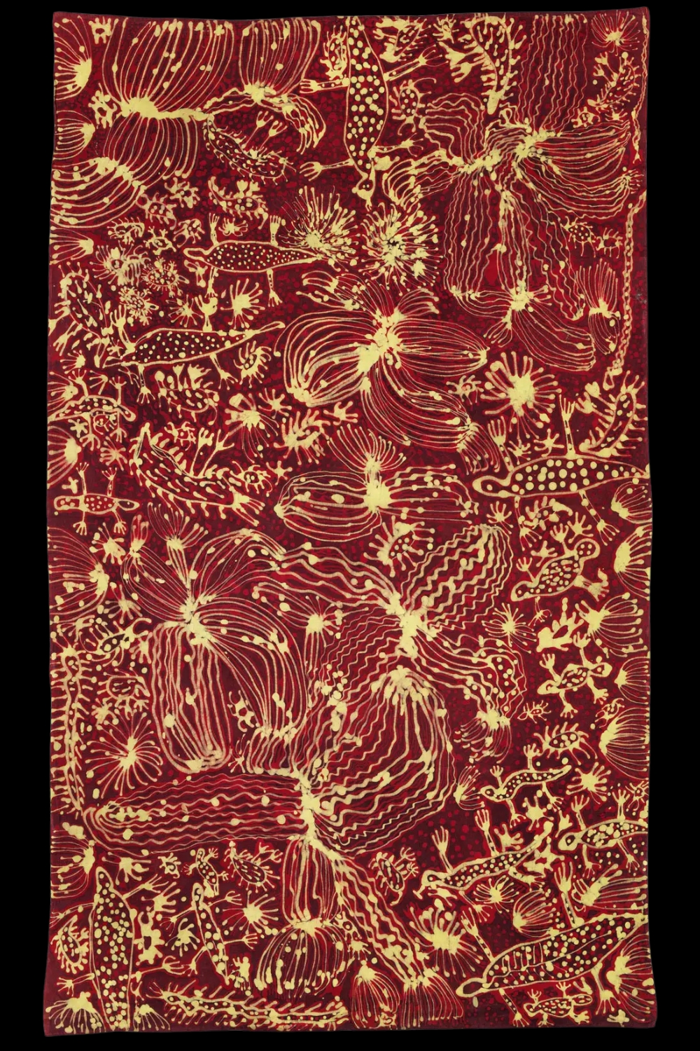Emily Kame Kngwarreye batik with animal, plant and Awely designs