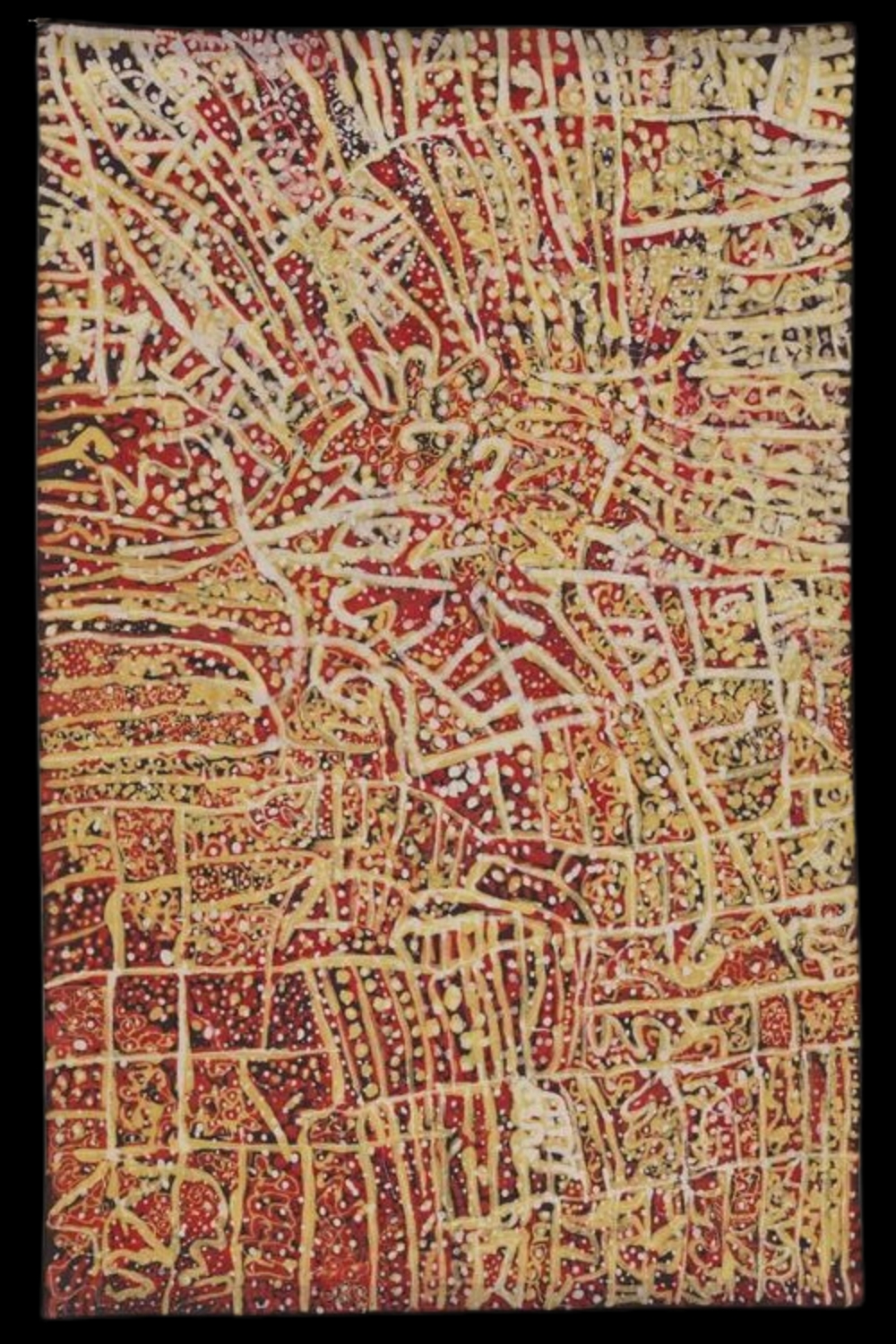 Early batik by Emily Kame Kngwarreye with layered lines, grids, dots and overlapping forms