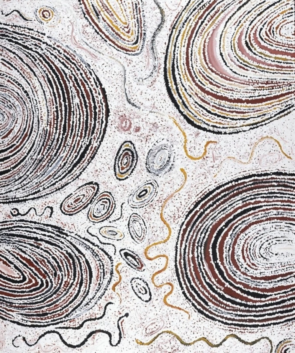 Billy Thomas Joongoorra painting with concentric waterhole forms and winding ancestral Black Snake tracks in ochre pigments.