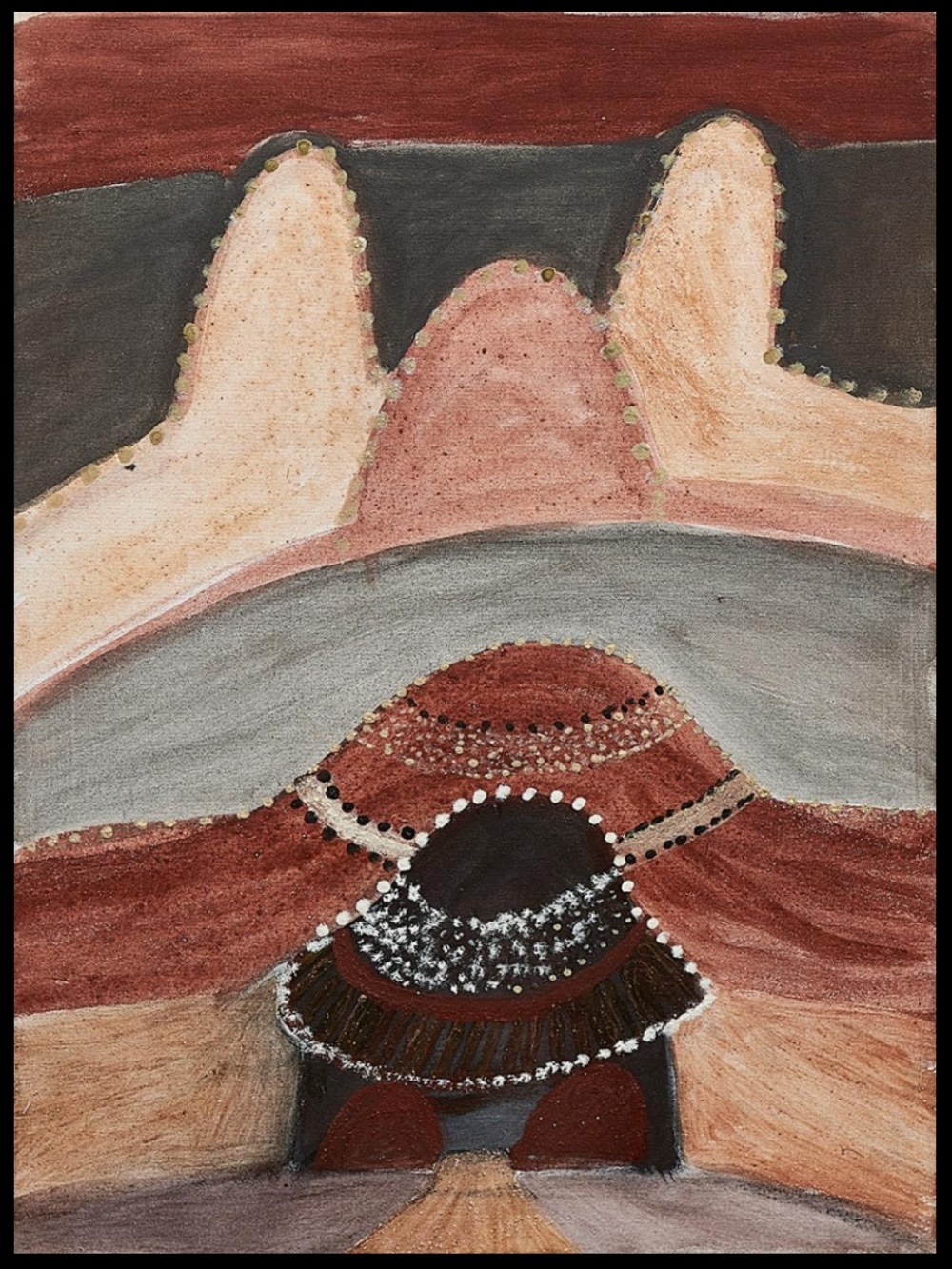 Hector Jandany ochre painting with rounded hills, open dark ground and a central ancestral figure in red, black, white and pale earth pigments.