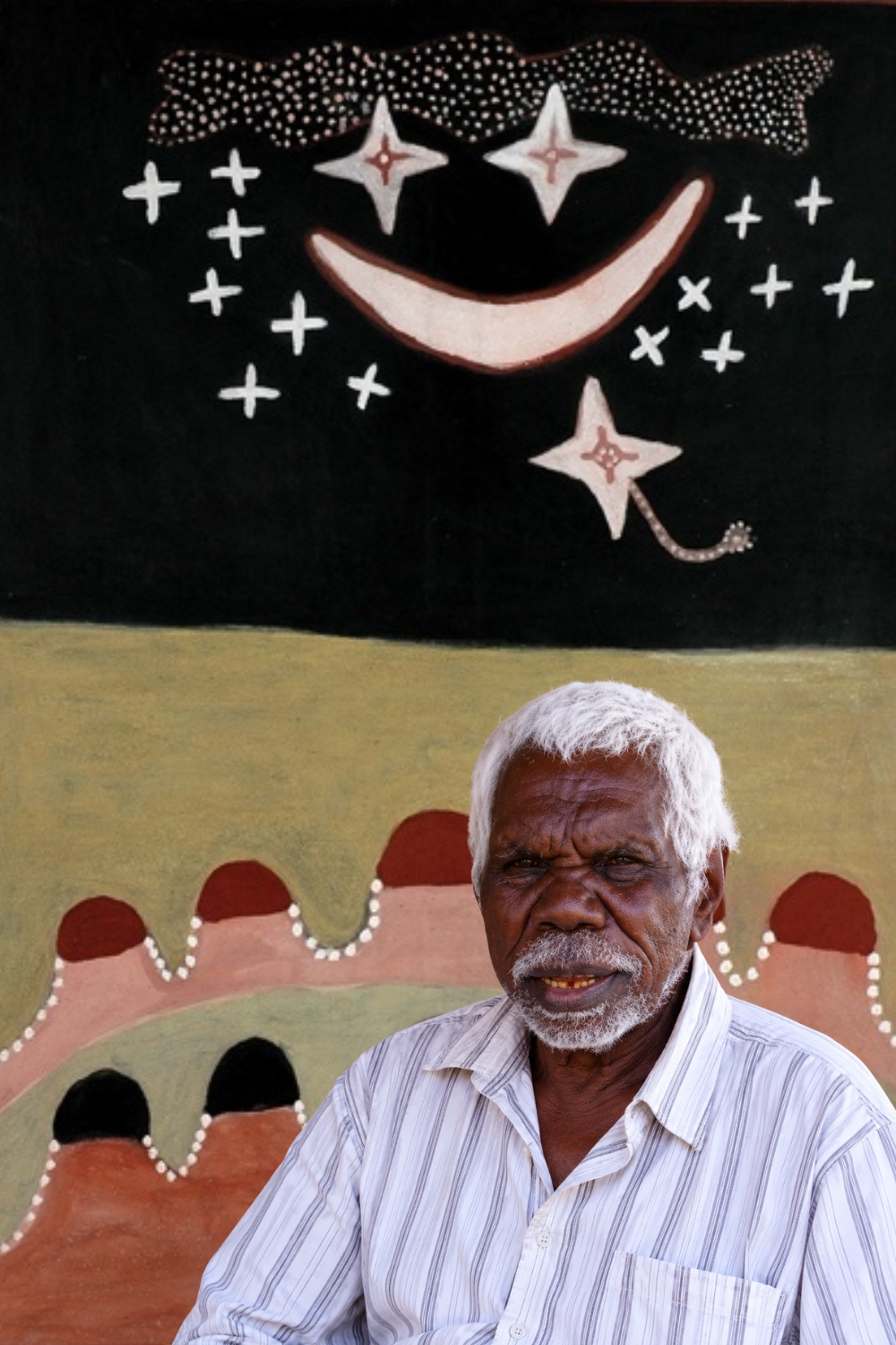 Aboriginal artist Hector Jandany. image of Hector Jandany superimposed in front of one of his artworks