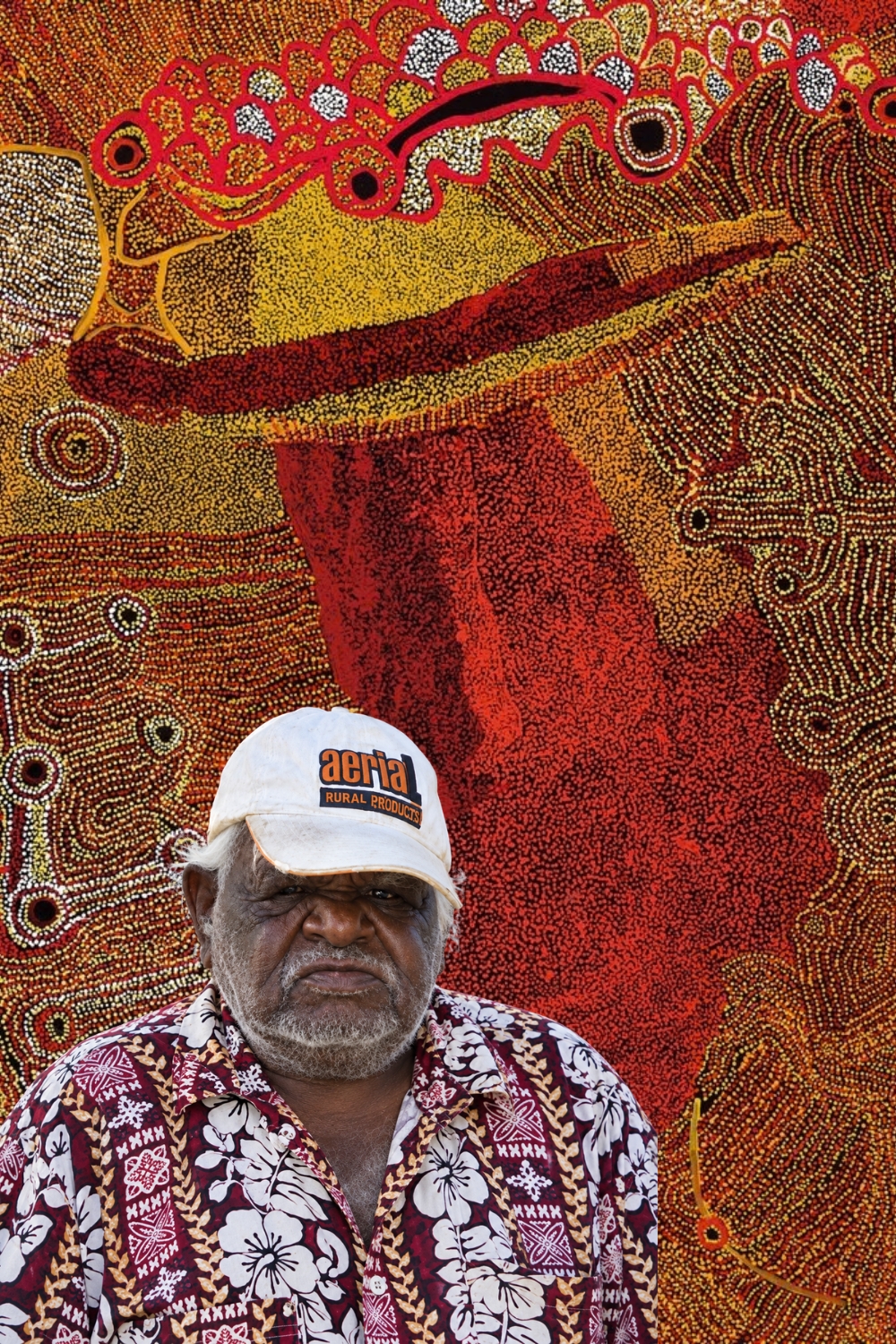 Jimmy Baker seated in front of one of his richly coloured paintings of Kanpi Country