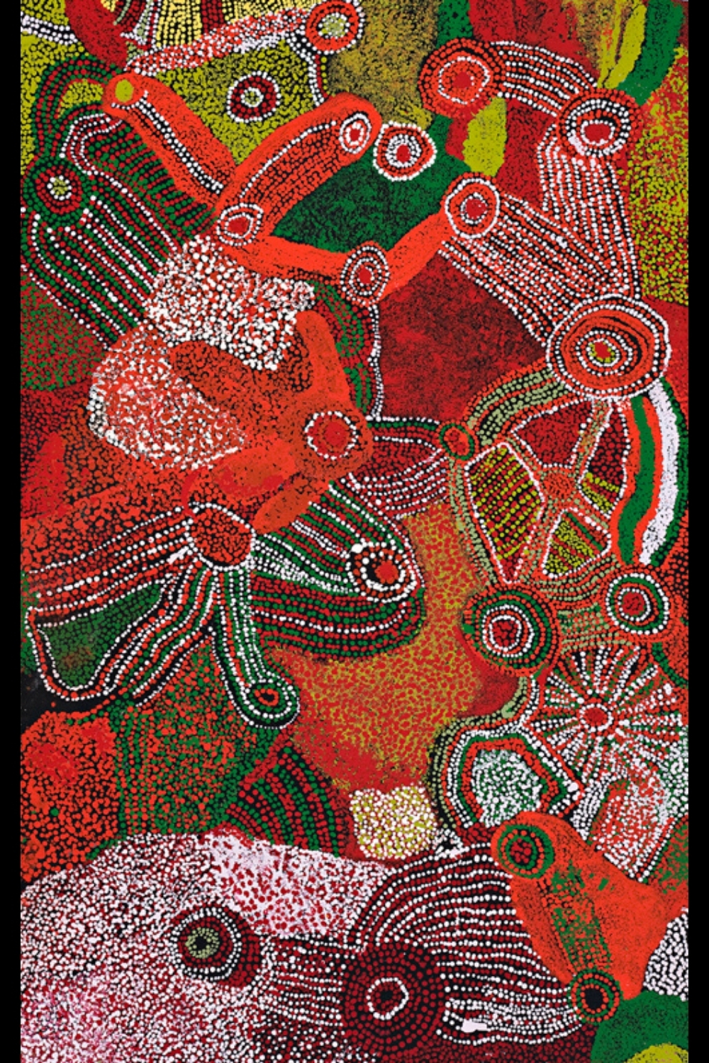 Jimmy Baker Kalaya Tjukurpa, 2008, with Emu forms, circular sites and dotted pathways in red, green and white