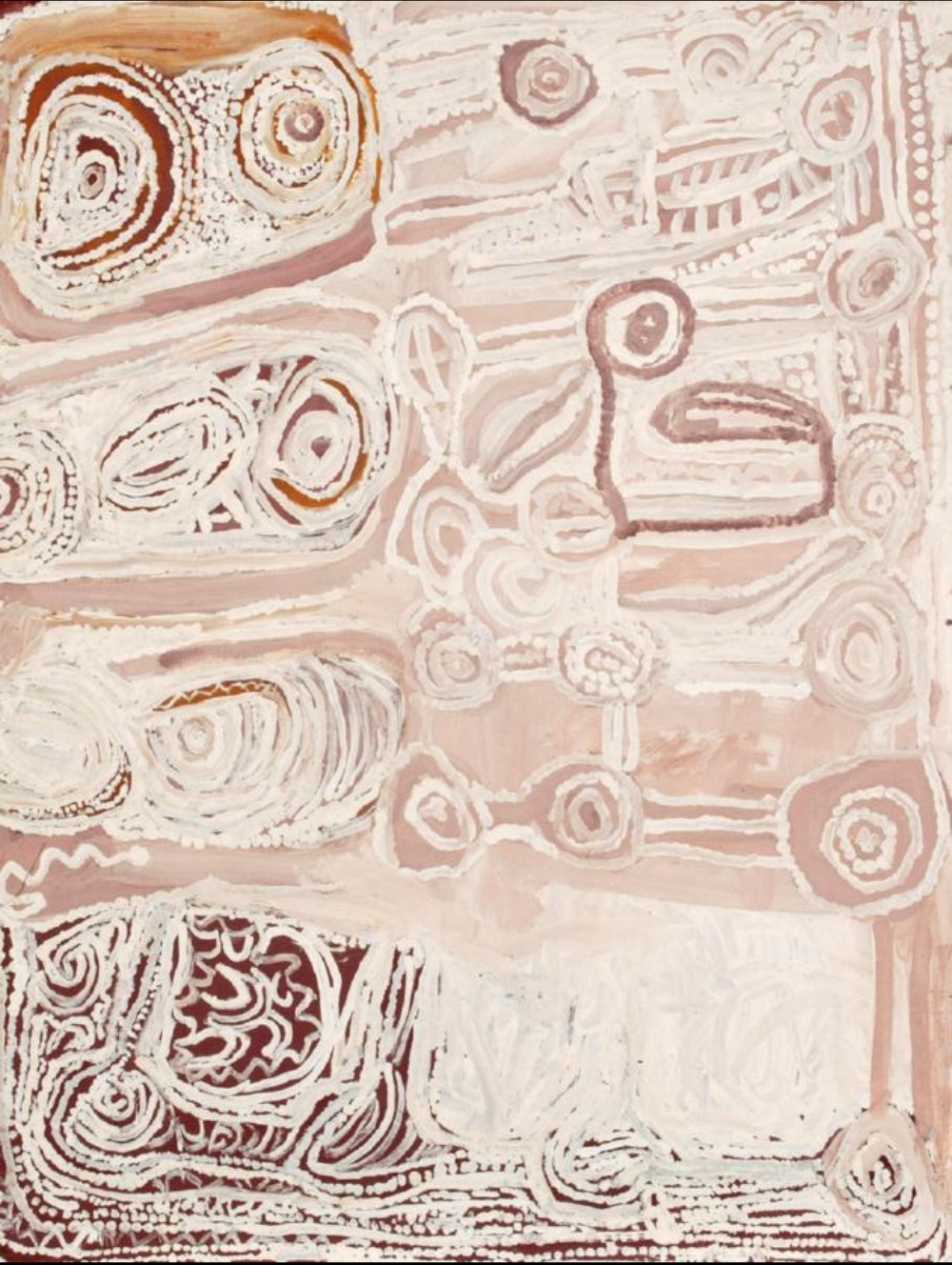 Kangaroo and Spear Dreaming by Billy Thomas Joongoorra, with pale ochre circular rockhole forms and lines representing spears at Warla.
