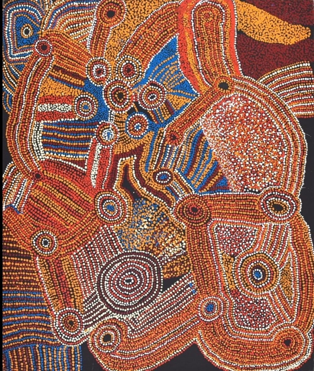 Jimmy Baker Kanpi, 2007, with interconnected circular sites and densely dotted forms in red, ochre, blue and white