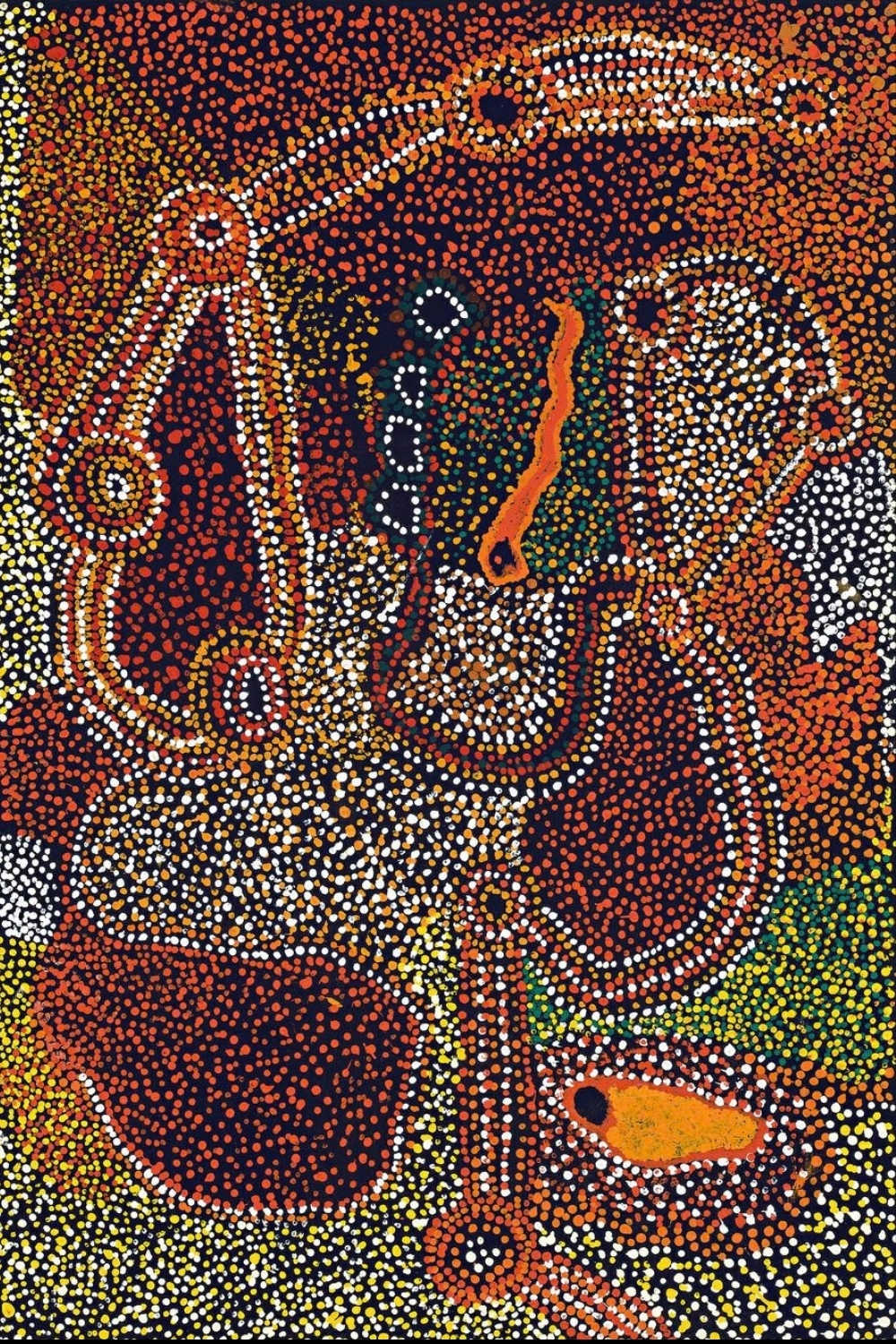 Jimmy Baker Kanpiku Tjukurpa, 2008, with dotted pathways, circular sites and ancestral forms in red, orange, white and green