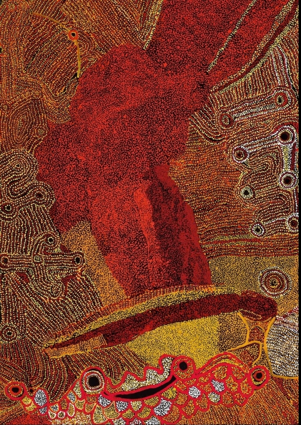 Jimmy Baker Katatjita 2006 painting with dense red, yellow, white and ochre dotting around large ancestral forms
