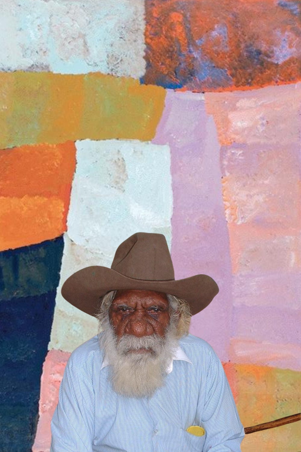 Portrait of Kudditji Kngwarreye superimposed on one of his colourful My Country paintings. Portrait of elderly Anmatyerre artist Kudditji Kngwarreye wearing a brown hat and pale blue shirt. Behind him is a painting composed of large irregular areas of pink, orange, blue, white, green and ochre.