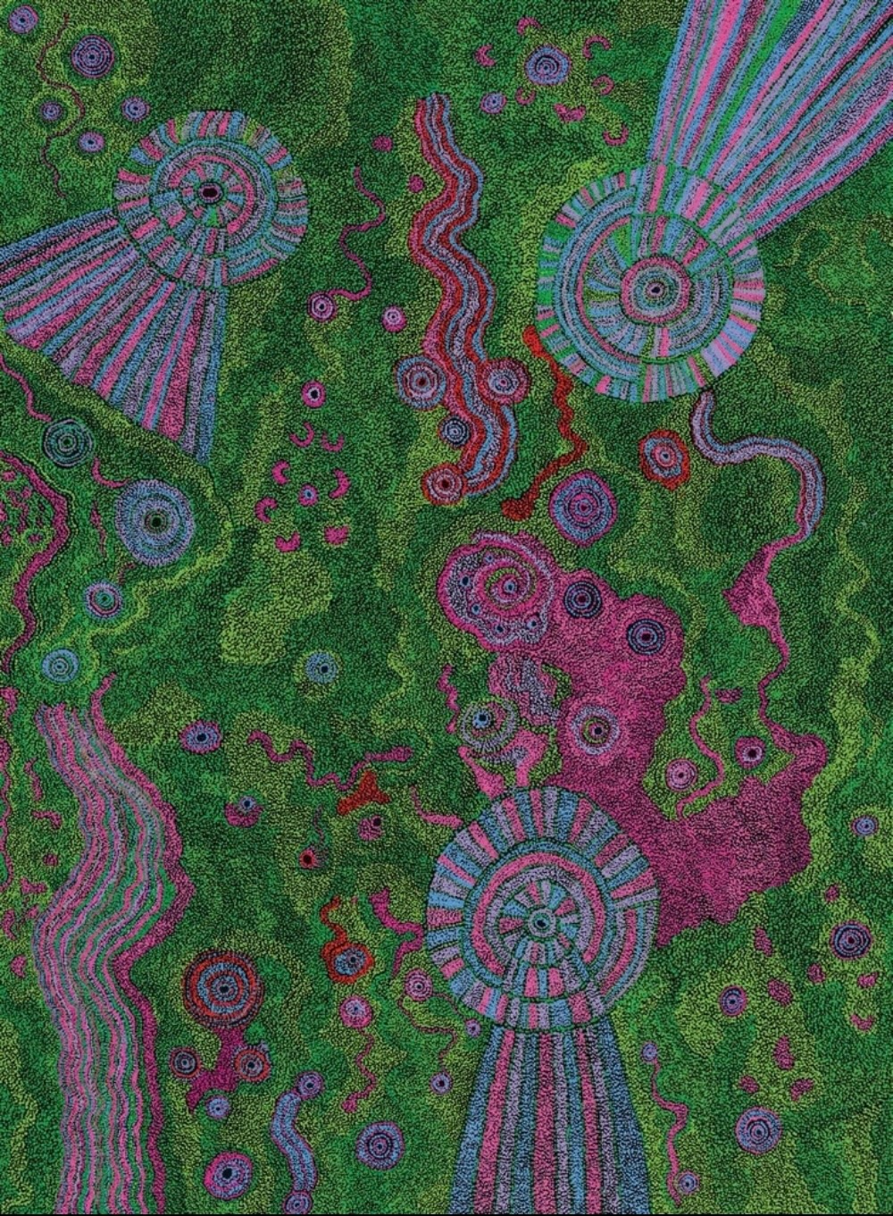 Tjungkara Ken’s Kungkarangkalpa Tjukurpa, with dense green dotting, circular forms and flowing bands of pink, blue and red marks.