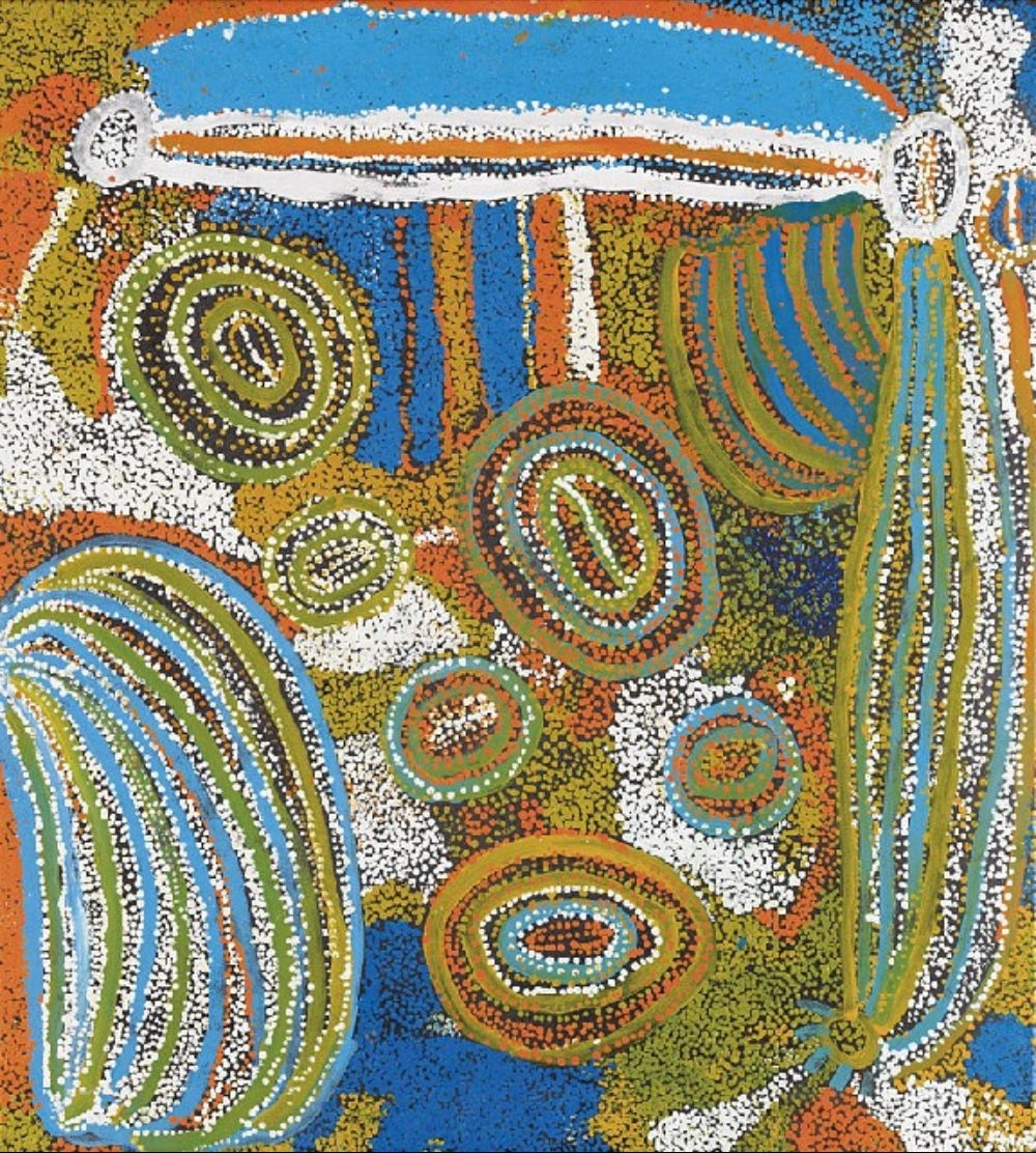 Wingu Tingima painting with concentric forms, sweeping lines and dotted fields in blue, green, orange and white