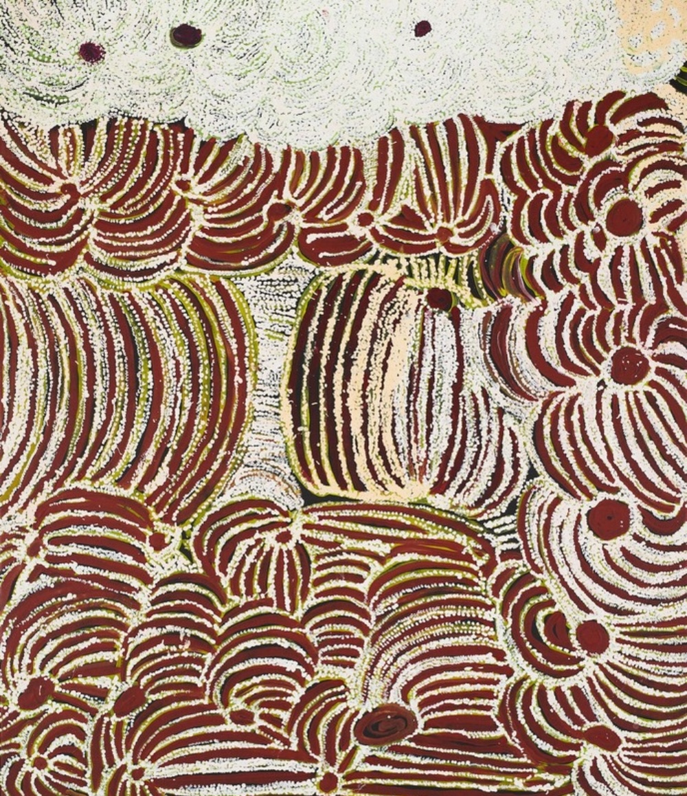 Wingu Tingima’s Minyma Tjuta Tjukurpa with sweeping red, white and green linear forms