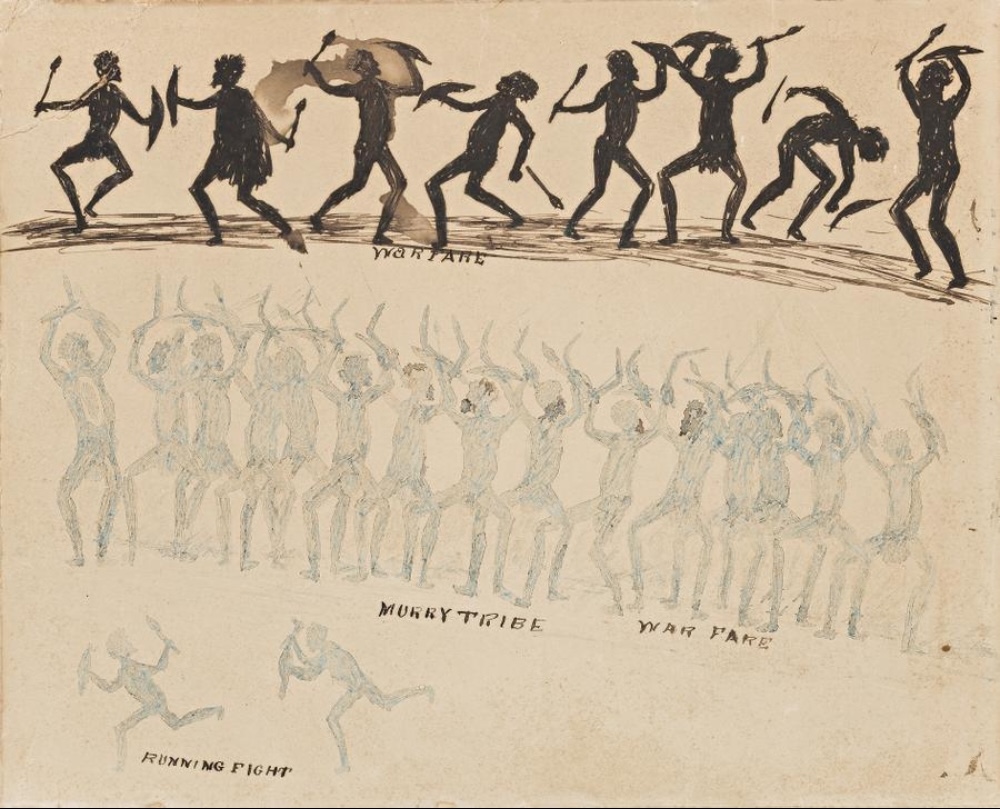 Tommy McRae drawing Murray Tribe Warfare, showing groups of Aboriginal men dancing, fighting and carrying weapons.