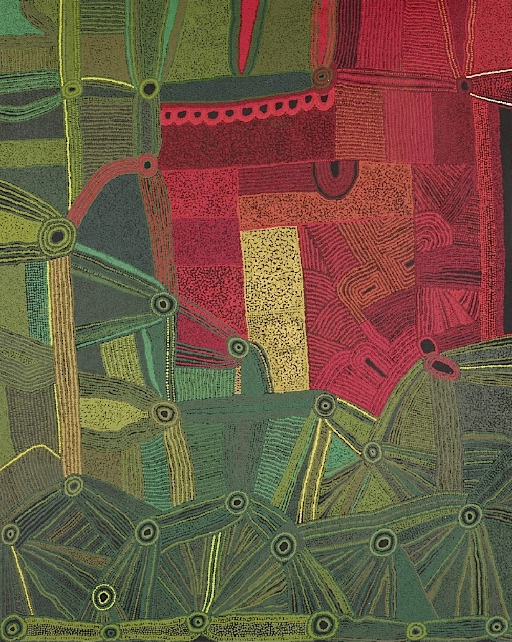 Tjungkara Ken’s Ngayuku Ngura (My Country), 2009, with circular sites and connecting lines across fields of green, red, pink and yellow.