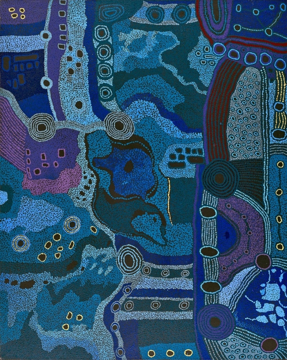 Tjungkara Ken’s Ngayuku Ngura – My Country, 2010, with circular forms and pathways across densely dotted fields of blue, turquoise and purple.