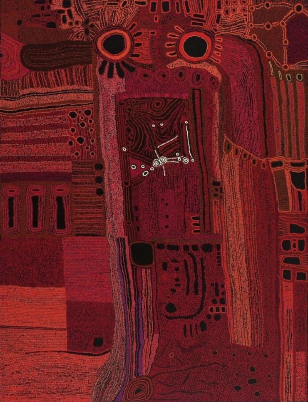 Tjungkara Ken Ngayuku Ngura painting in deep red and orange, with circles, lines, dotted fields and pathways representing Country.