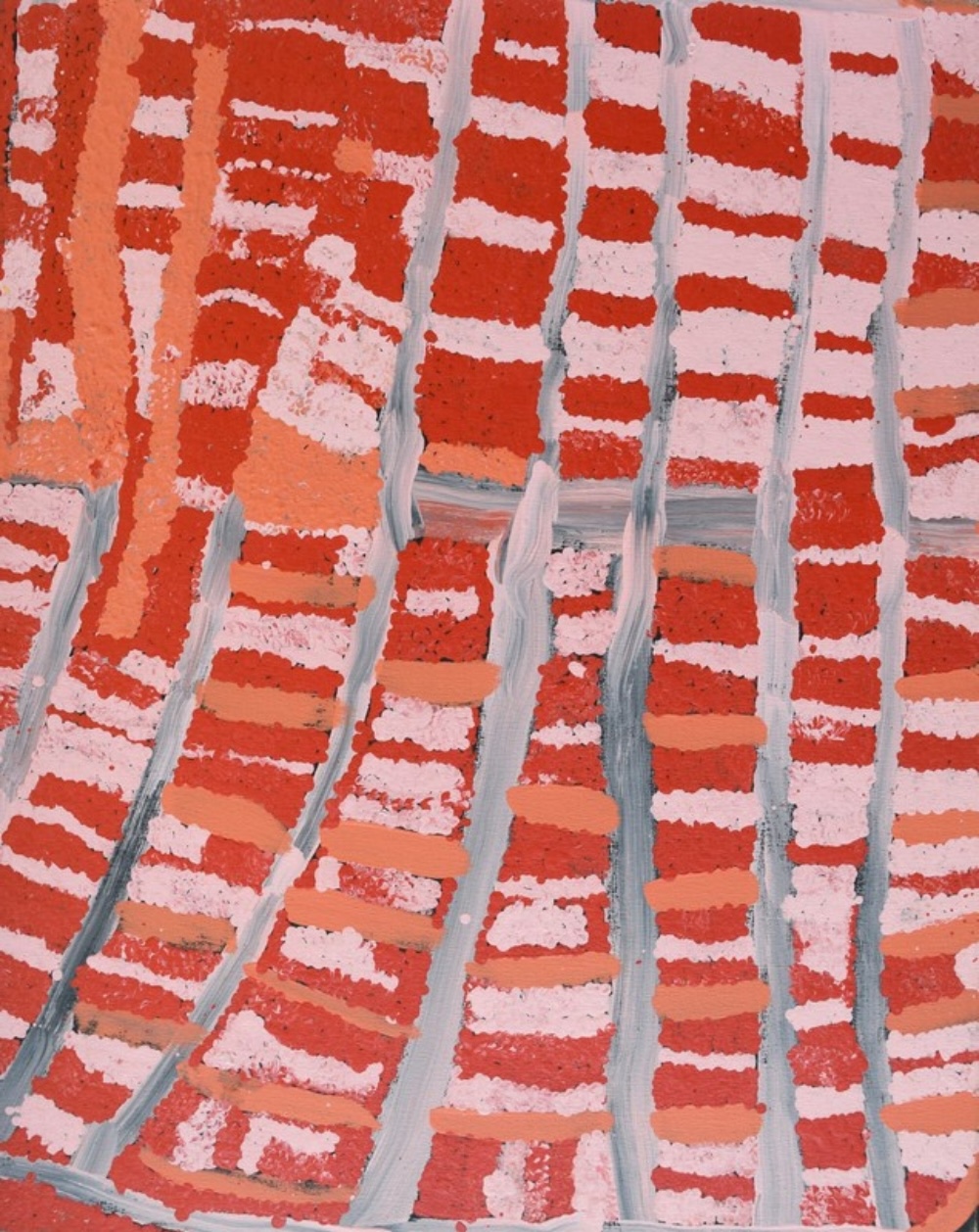 Wingu Tingima’s Nyumun painting with vertical bands of red, pink, orange and grey