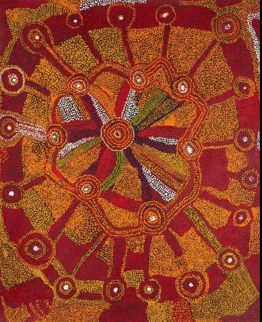 Jimmy Baker Piltati, 2006, with circular sites connected by dotted pathways in red, ochre, green and white
