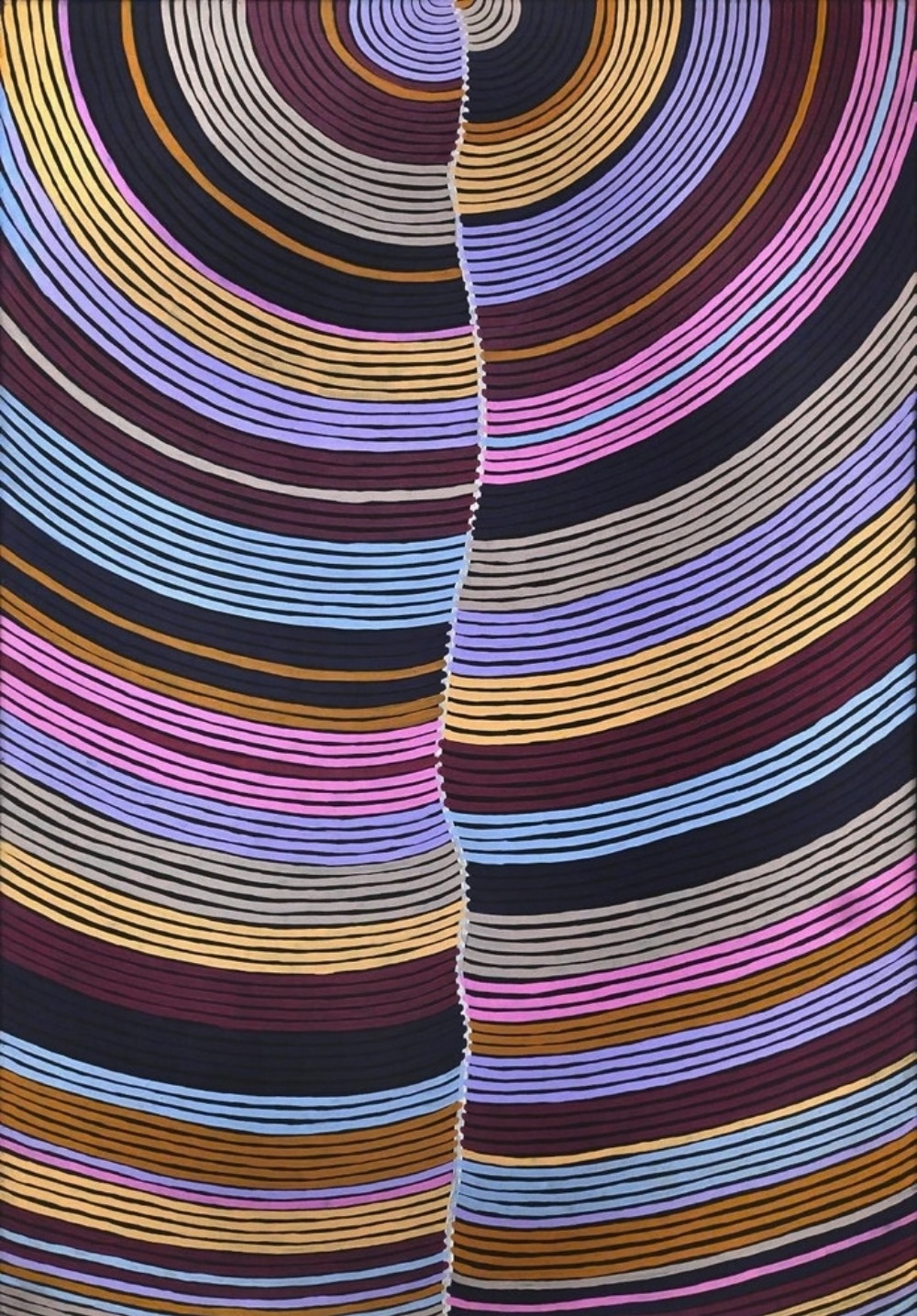 Abie Loy Kemarre’s Sandhill Country, 2013, with sweeping parallel bands of pink, blue, purple, ochre and cream on a dark ground.