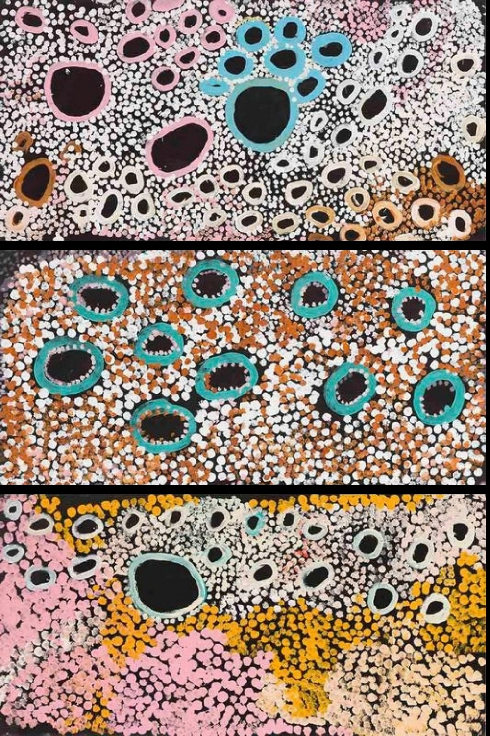 Wingu Tingima’s The Seven Sisters triptych, 2009, with clustered circular forms and dense fields of coloured dots