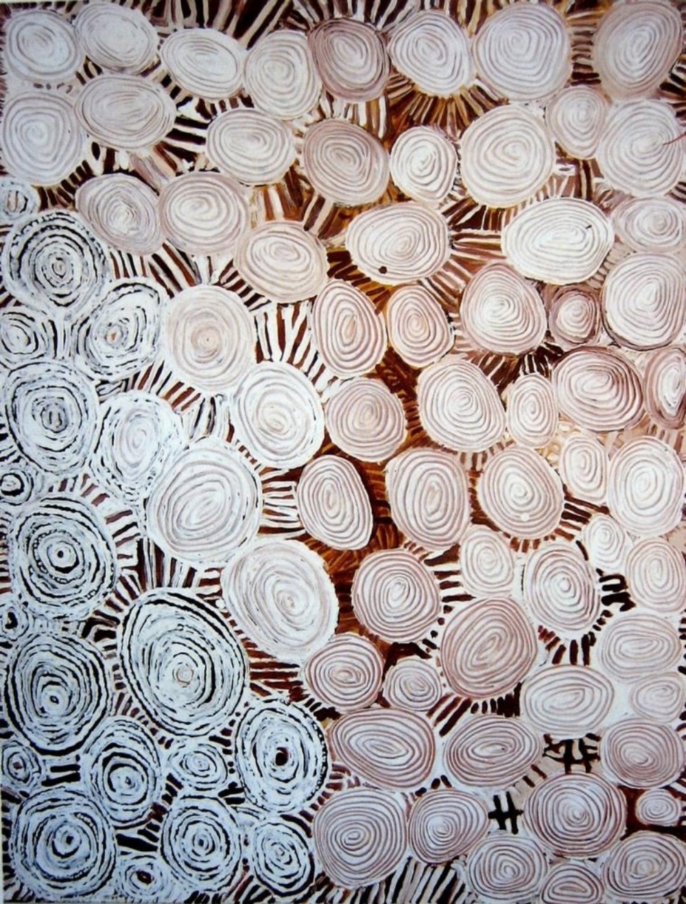Untitled 1999 painting by Billy Thomas Joongoorra, composed of densely repeated concentric forms in white, cream, brown and black earth pigments.