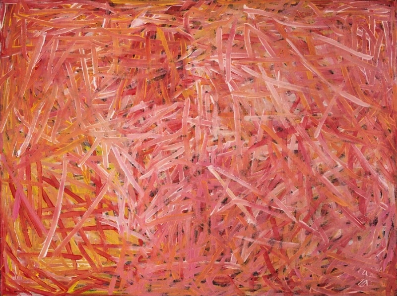 Emily Kame Kngwarreye’s Untitled, 1996, composed of vigorous overlapping pink, red, orange, yellow and pale brushstrokes sweeping in different directions across the canvas.