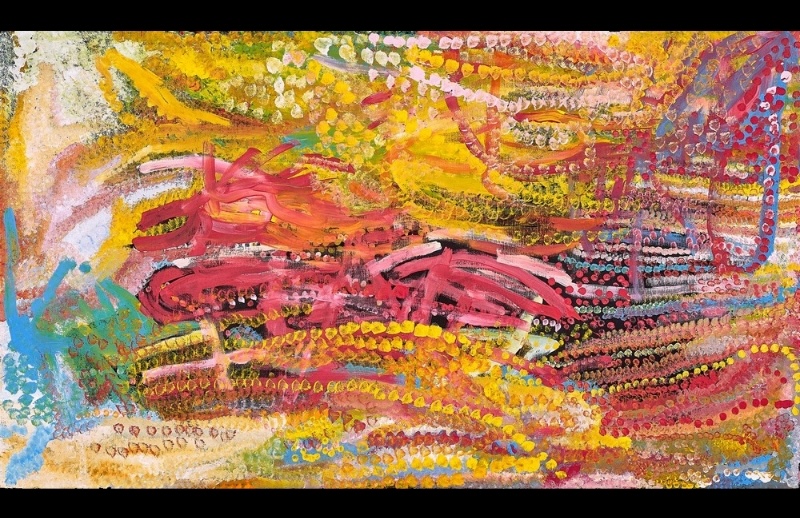 Emily Kame Kngwarreye’s Merne (Everything), 1996, with sweeping pink and red brushstrokes layered among bands of yellow, pink, blue, white and ochre dots across a vivid multicoloured ground.