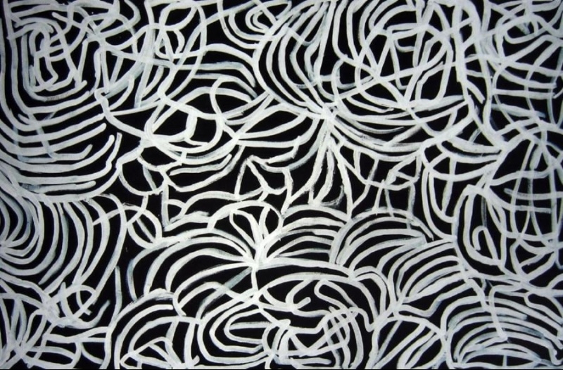 Emily Kame Kngwarreye’s Untitled, 1995, with broad white lines looping, curling and intersecting across a stark black ground.