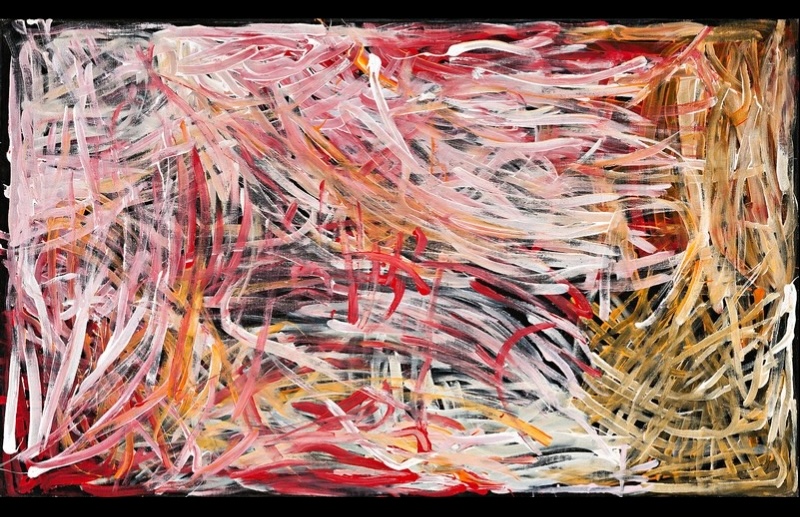 Emily Kame Kngwarreye’s Kame Colour XII, 1996, with sweeping and overlapping pink, white, red, ochre and cream brushstrokes moving across a dark ground.