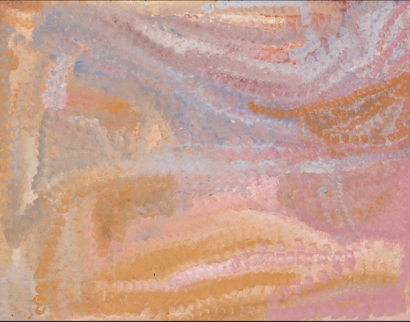 Emily Kame Kngwarreye’s Alhalkere, 1993, with broad, softly layered fields of pale pink, mauve, blue-grey and ochre crossed by curving rows and bands of dots.