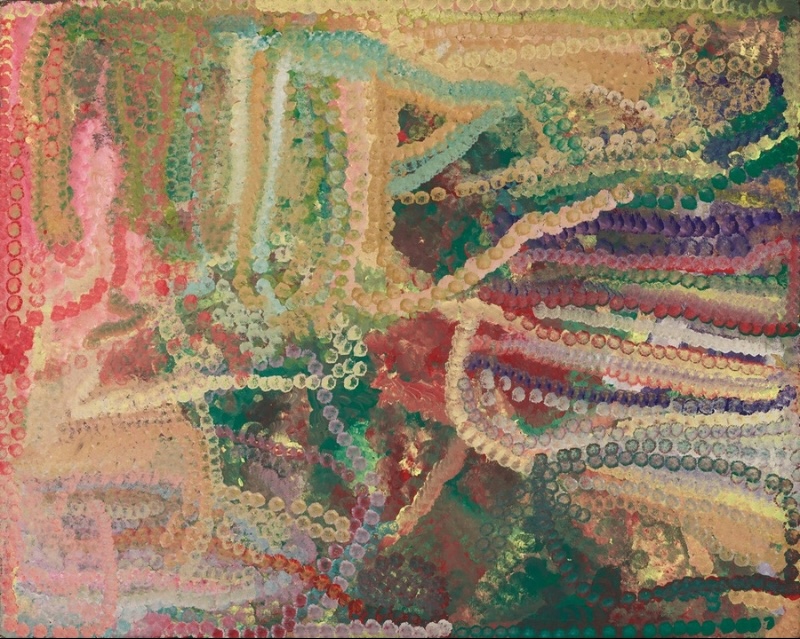 Emily Kame Kngwarreye’s Yam Country, 1993, with curving rows of large green, pink, cream, red, blue and purple dots sweeping across irregular fields of colour.