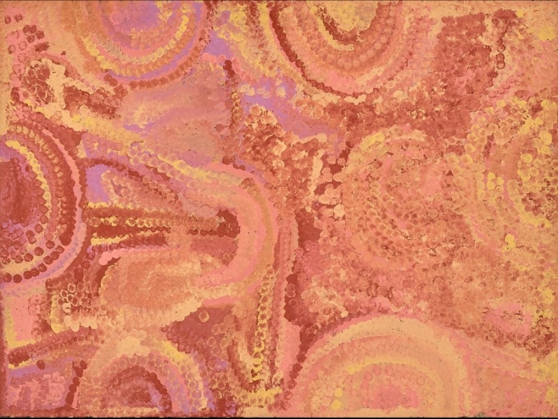 Emily Kame Kngwarreye’s Untitled, 1992, with repeated semicircular forms and curving bands of red, yellow, pink and purple dots across a warm pink and ochre ground.