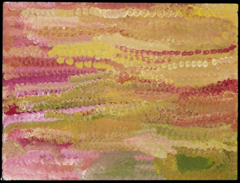 Emily Kame Kngwarreye’s Alalgura Country, 1994, with horizontal rows and bands of pink, yellow, green, ochre, cream and red dots flowing across a softly layered earthy ground.