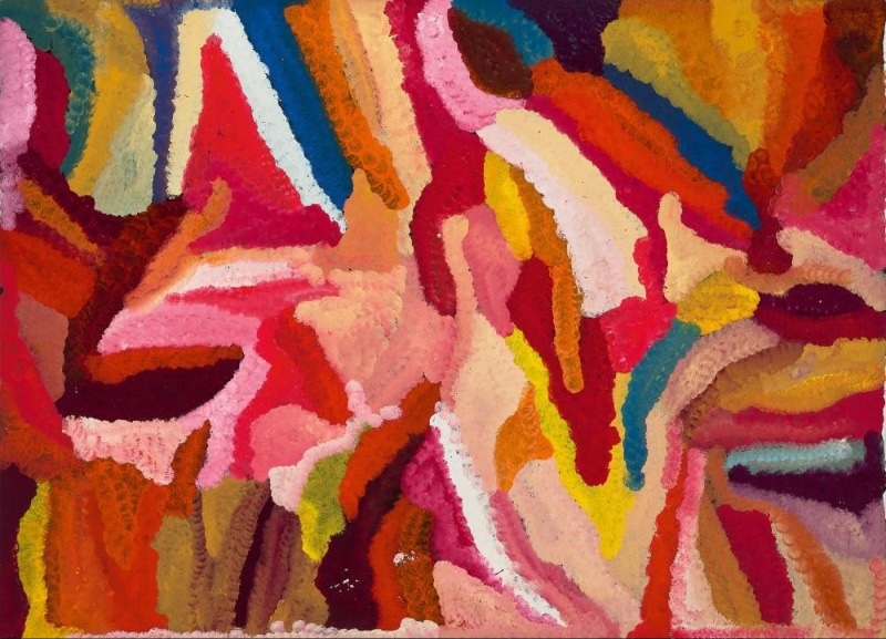 Emily Kame Kngwarreye’s Untitled (Awelye), 1992, with bold irregular bands of pink, red, orange, yellow, blue, green, cream and purple sweeping across the canvas.