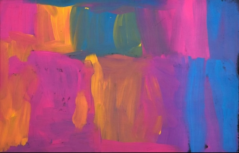 Emily Kame Kngwarreye’s My Country – Final Series, 1996, with broad blocks and sweeping areas of vivid pink, blue, orange, yellow, green and purple paint.