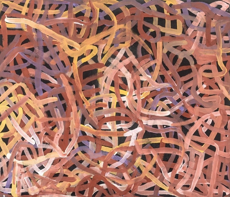Emily Kame Kngwarreye’s Yam Dreaming, 1995, with broad looping and intersecting lines of ochre, pink, mauve, yellow and white covering a dark ground.