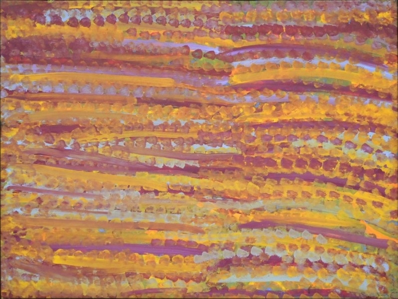 Emily Kame Kngwarreye’s My Country, 1994, with horizontal bands and rows of ochre, yellow, mauve, blue and green dots and brushstrokes flowing across the canvas.