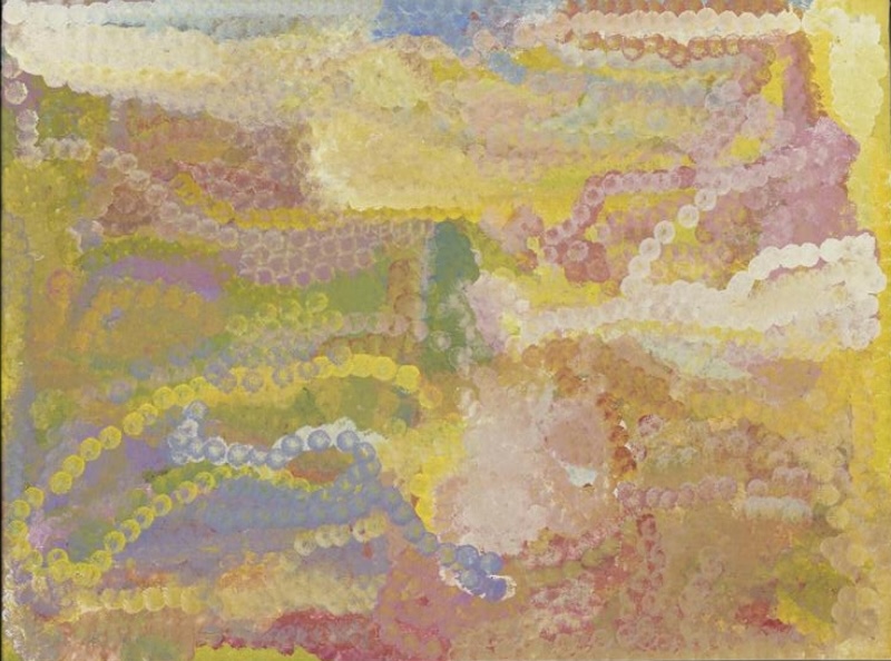 Emily Kame Kngwarreye’s Awelye, 1993, with loose curving rows of yellow, white, pink, mauve and blue dots moving across softly layered fields of green, ochre and pastel colour.