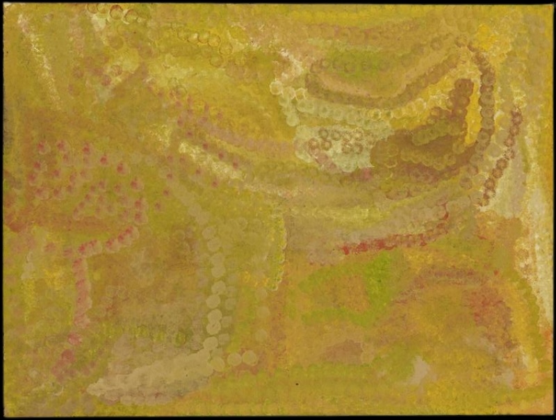 Emily Kame Kngwarreye’s Alalgura Landscape, 1993, with softly layered yellow, ochre and green fields crossed by loose curving rows of cream, brown and pink dots.