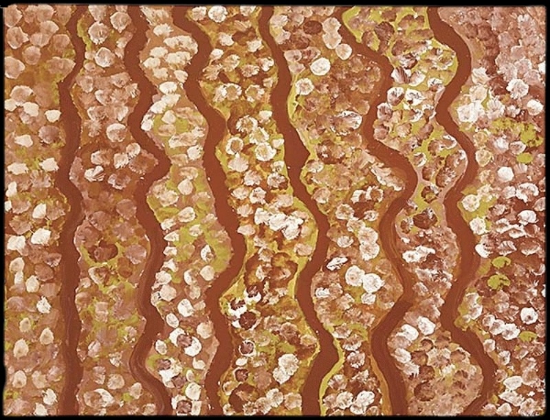 Emily Kame Kngwarreye’s My Country, 1995, with parallel wavy brown bands separating loosely painted fields of cream, pink, ochre and green marks.