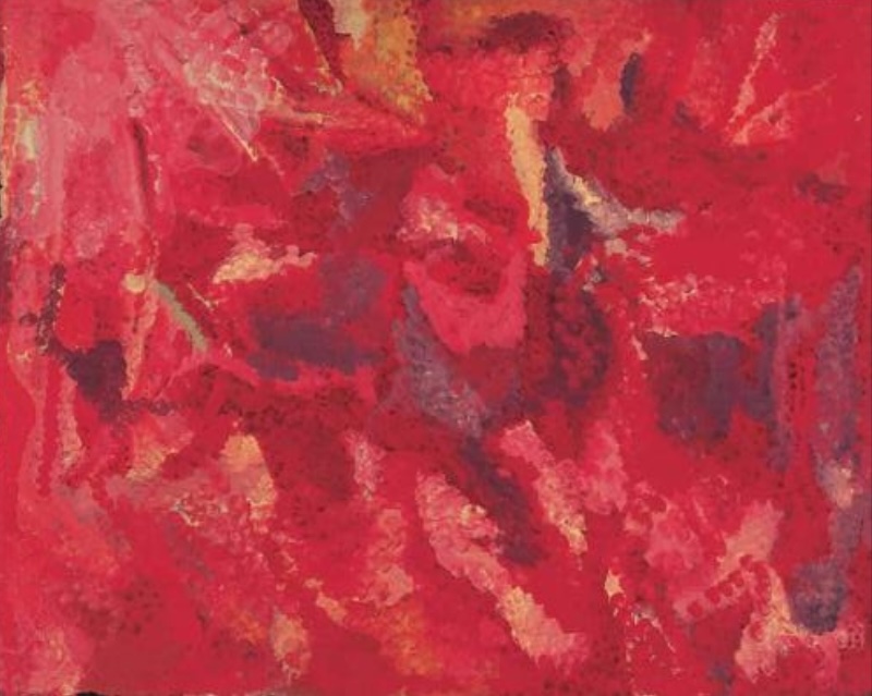Emily Kame Kngwarreye’s Awelye, 1993, dominated by vivid red and crimson with loosely layered patches and gestural marks of pink, ochre, purple and dark brown.