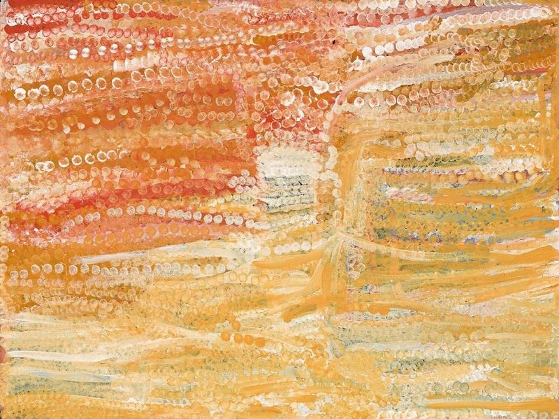 Emily Kame Kngwarreye’s Untitled, 1995, with flowing rows of cream, white and pink dots interspersed with broad ochre, yellow and orange brushstrokes.