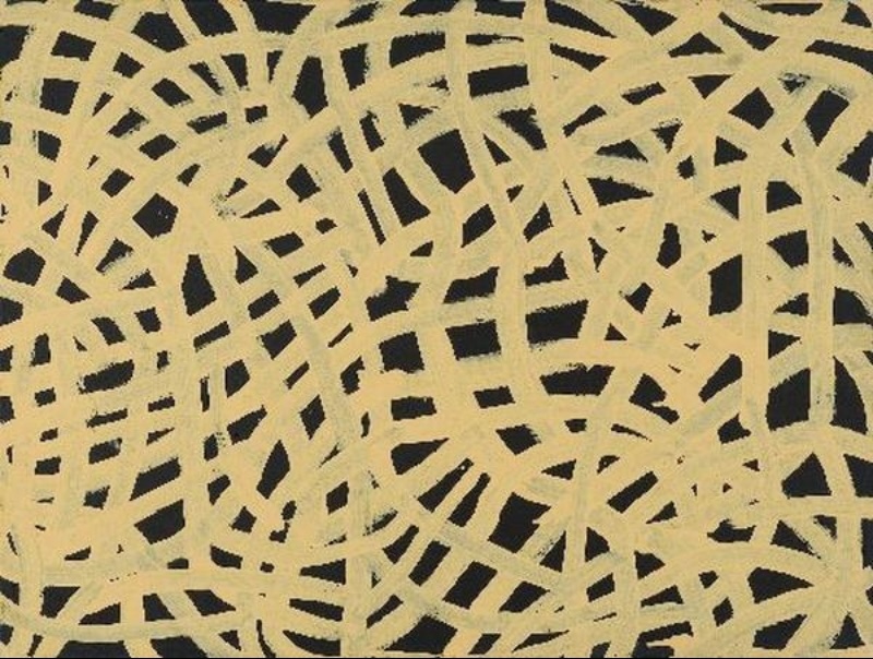 Emily Kame Kngwarreye’s Bush Yam Dreaming, 1994, with a dense network of broad pale ochre lines looping, crossing and radiating across a black ground.