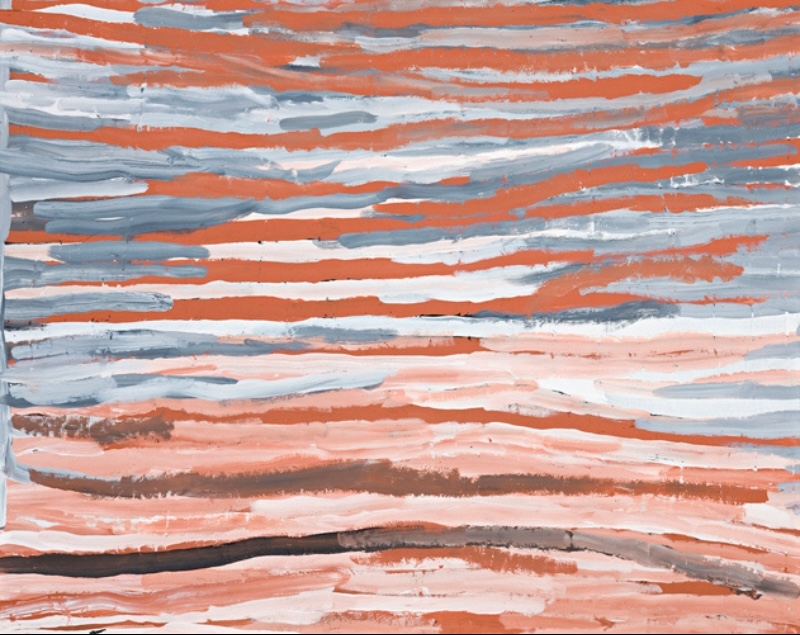 Emily Kame Kngwarreye’s Untitled, 1995, with long horizontal brushstrokes of white, grey, pink and brown sweeping across a vivid orange ground.
