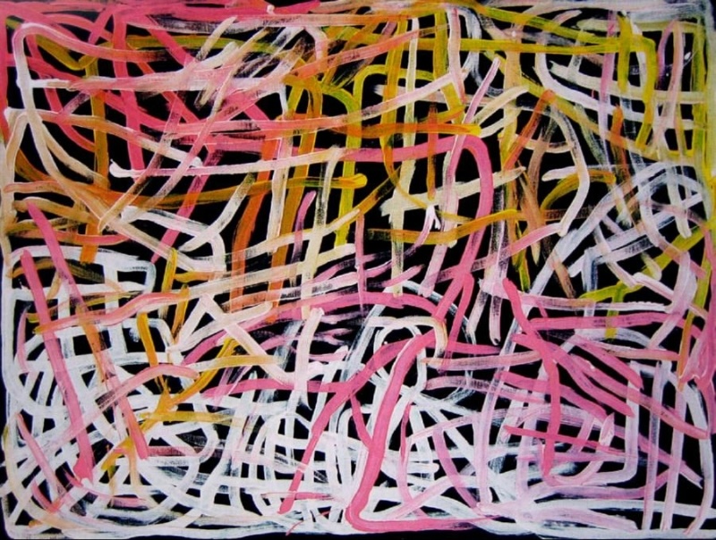 Emily Kame Kngwarreye’s Untitled – Yam Series, 1995, with an energetic network of broad pink, white, yellow and ochre lines crossing and looping over a black ground.