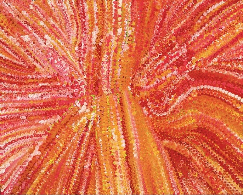 Emily Kame Kngwarreye’s Untitled (Wildflower Dreaming), 1992, with radiating and curving rows of pink, red, orange, yellow and white dots forming broad bands across the canvas.