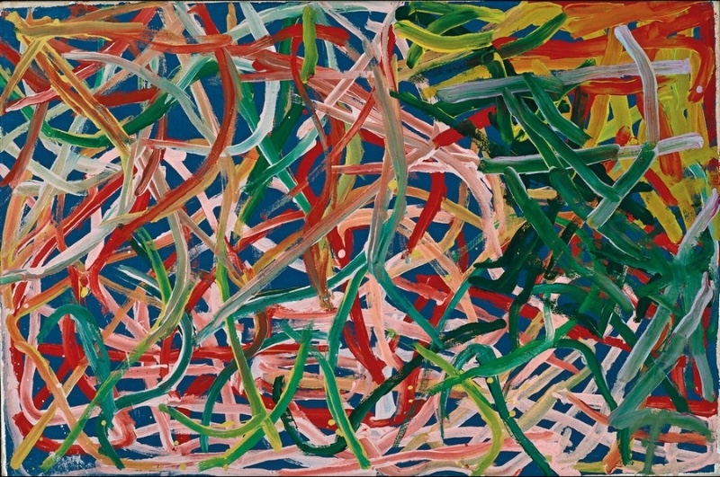 Emily Kame Kngwarreye’s Yam Dreaming, with a dense network of sweeping green, pink, white, yellow, red and ochre brushstrokes crossing a blue ground.