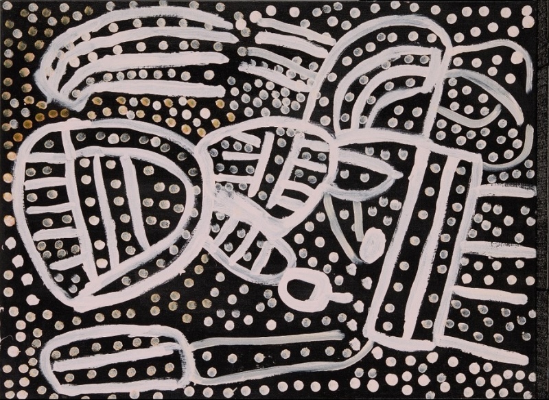 Emily Kame Kngwarreye’s Kame Colour, 1995, with bold white looping and compartmented linear forms surrounded by evenly spaced white, cream and ochre dots on a black ground